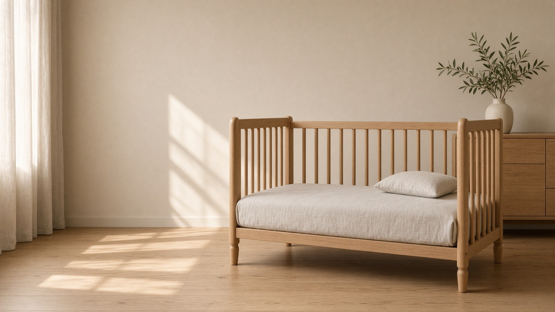 Empty wooden baby cot made with a custom cream fitted sheet