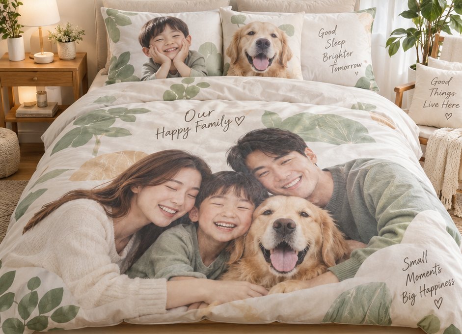 Custom photo bedding with a family portrait printed on the duvet and pillowcases
