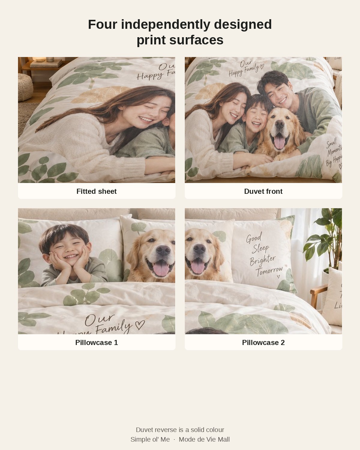Fitted sheet, duvet front and two pillowcases as four independent print surfaces