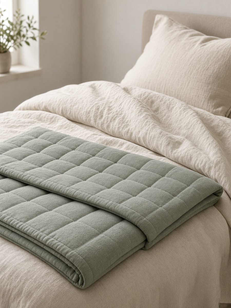Duvet insert being measured for a made-to-measure duvet cover